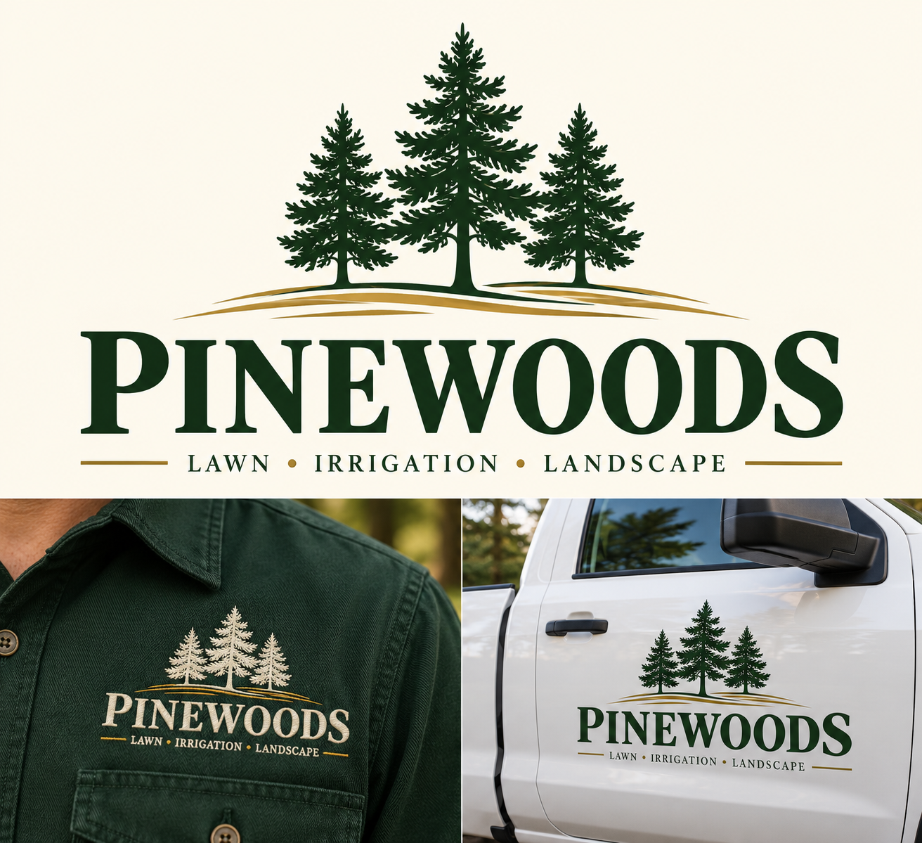 Pinewoods logo with three pine trees in green and gold